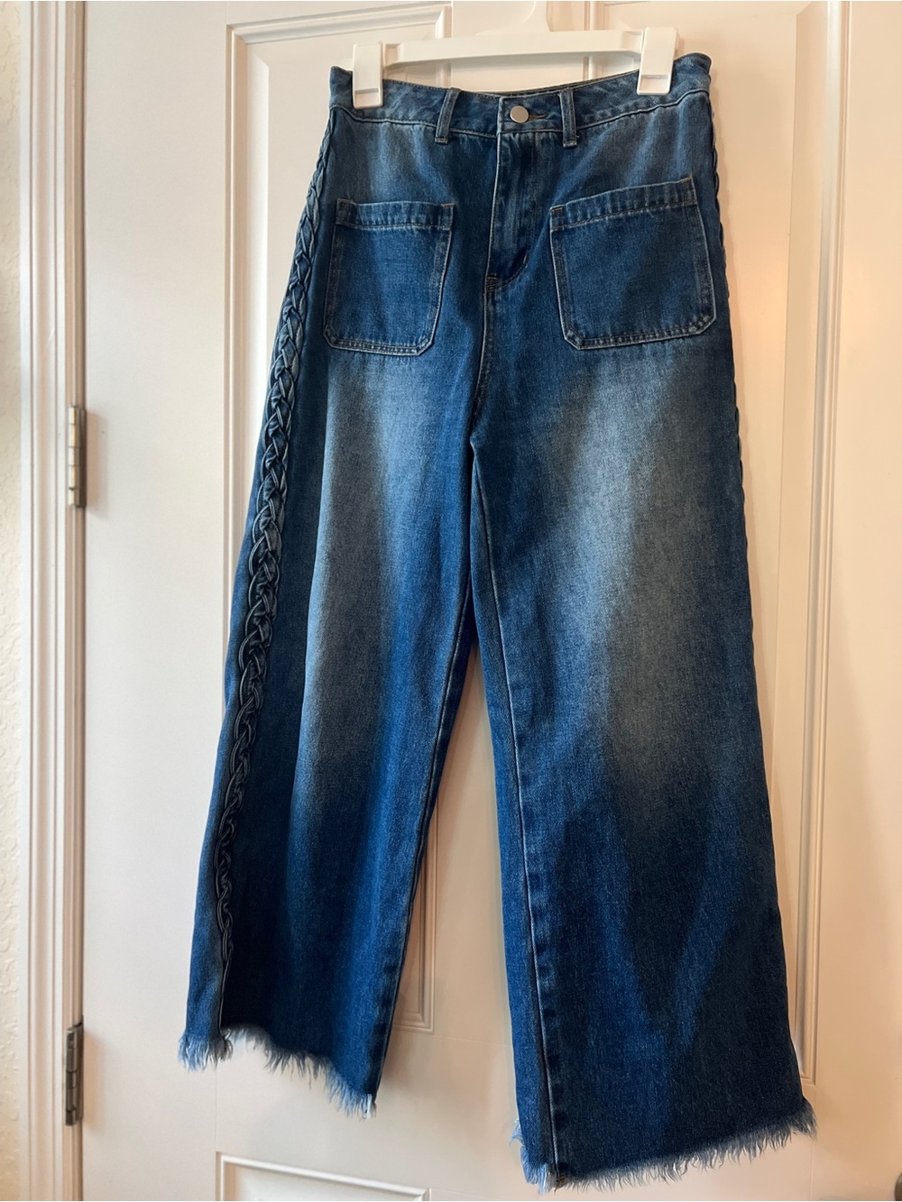 Sage & Fig Braided-Trim Wide Leg Jeans in Dark Blue Medium